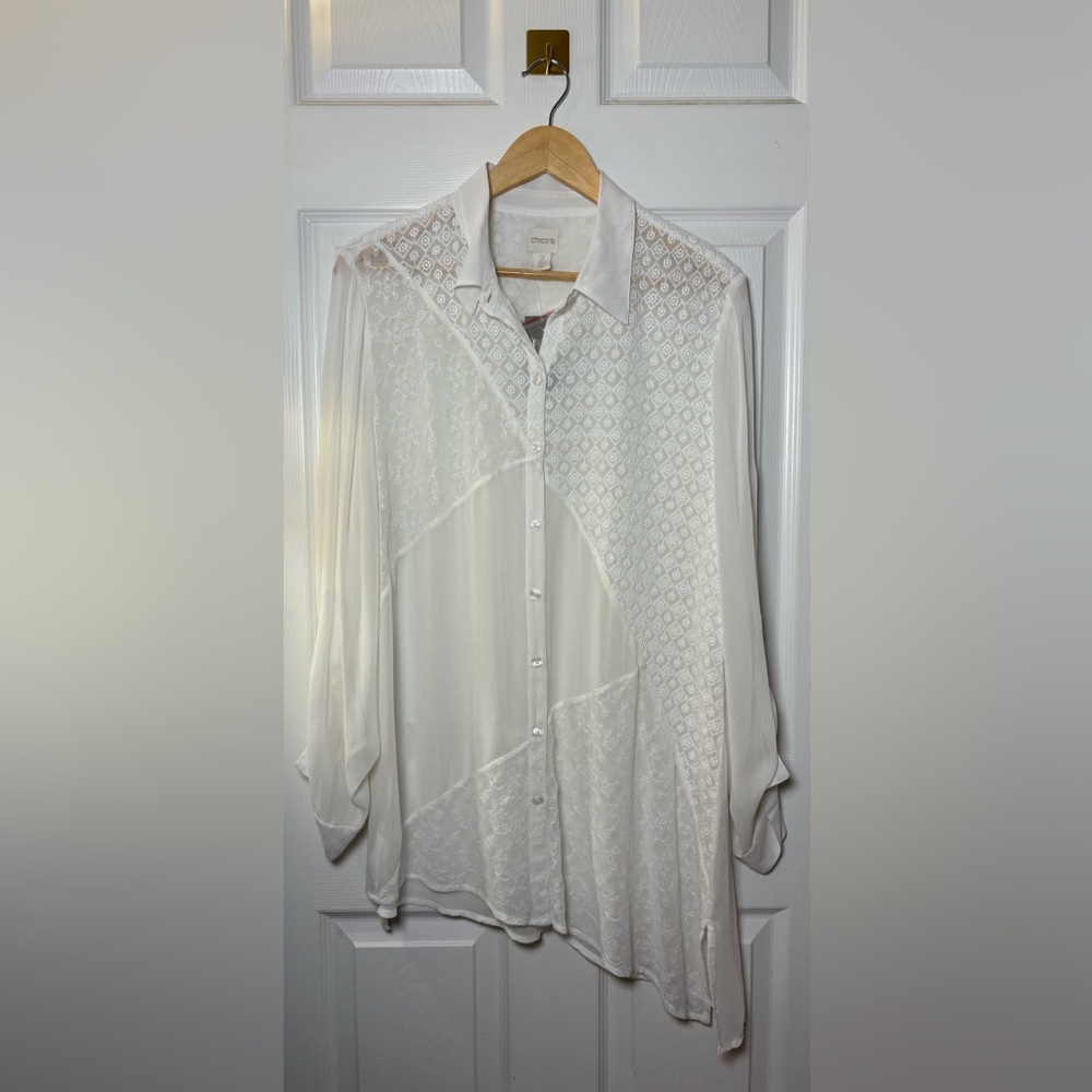 Chicos | NWT Size 2 Button Up Shirt Womens Optic White‎ Maya Woven Sheer Top
